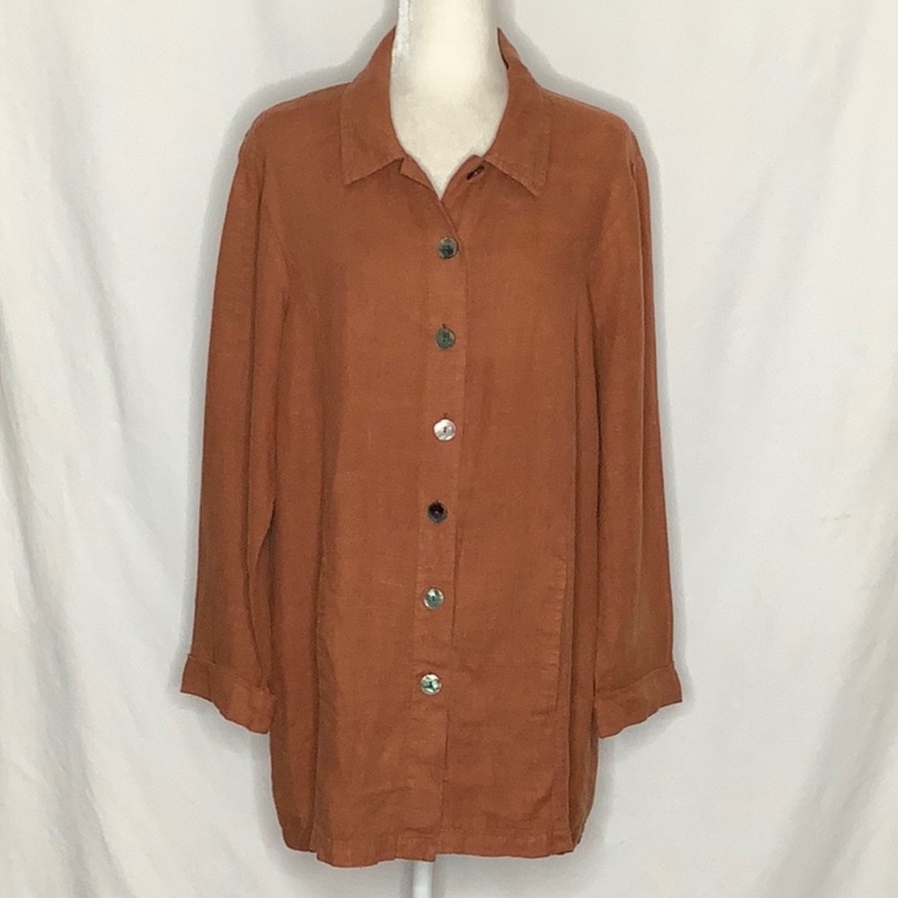 Vintage 100% Linen Lagonlook Button Up Shirt Jacket Size M burnt orange
